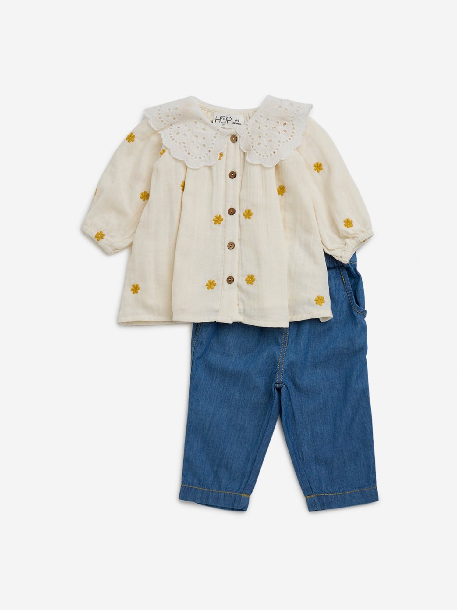 HOP Baby by Westside Off-White Floral Embroidery Cotton Top & Jeans Set