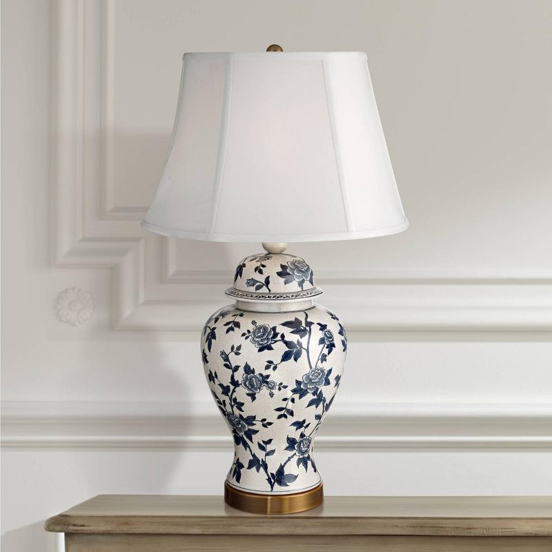 Barnes and Ivy Traditional Table Lamp Crackle Ceramic Blue and White Rose Vine Temple Jar White Bell Shade for Living Room Family