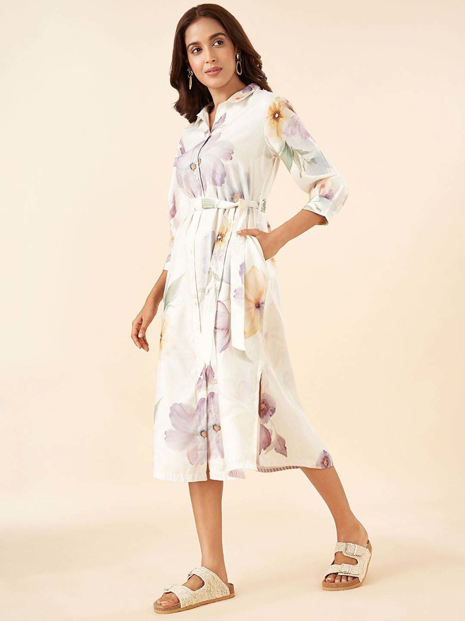 Akkriti by Pantaloons Purple Linen Printed A-Line Dress