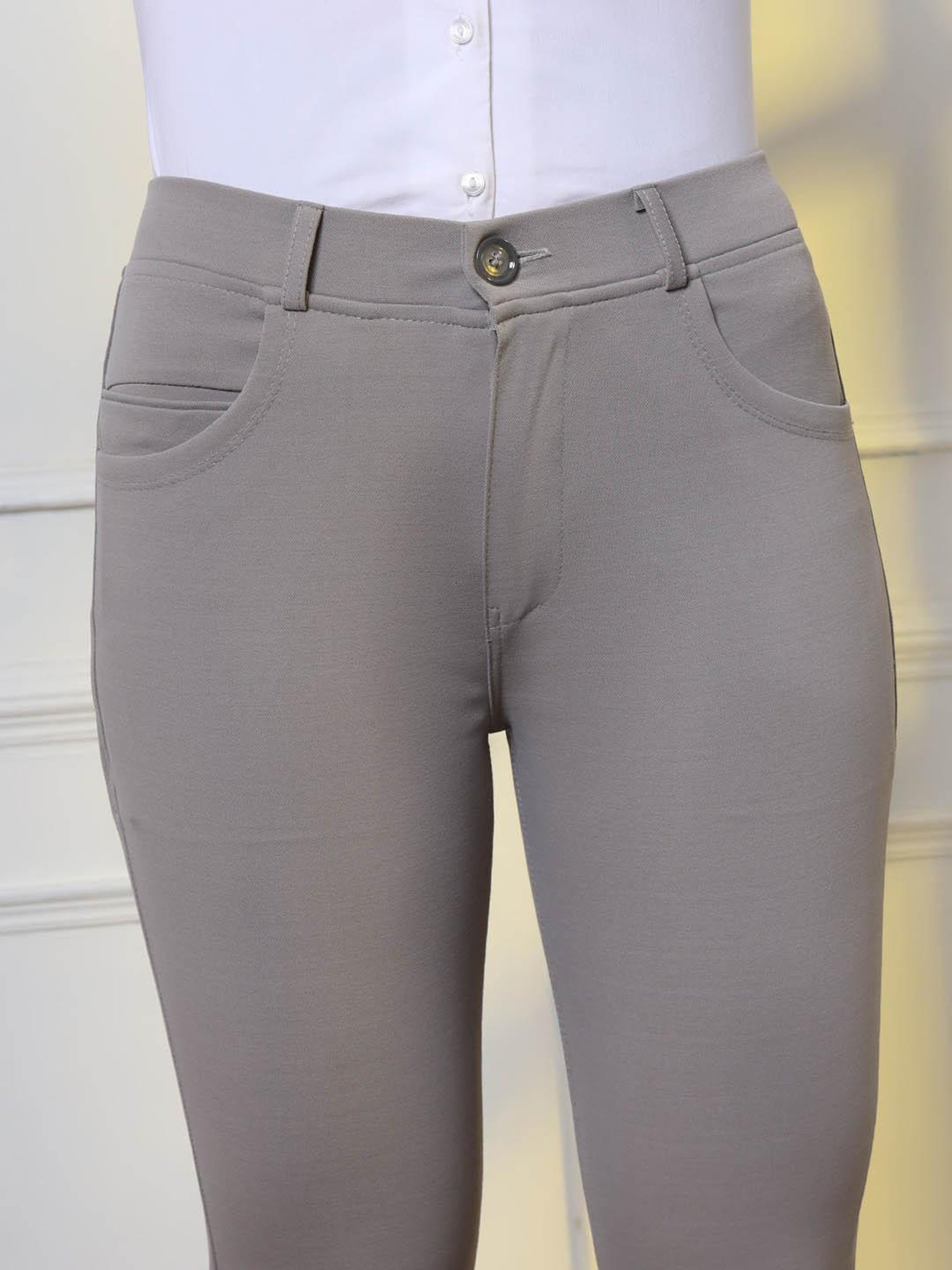 FITHUB Grey Slim Fit High Rise Formal Trousers
