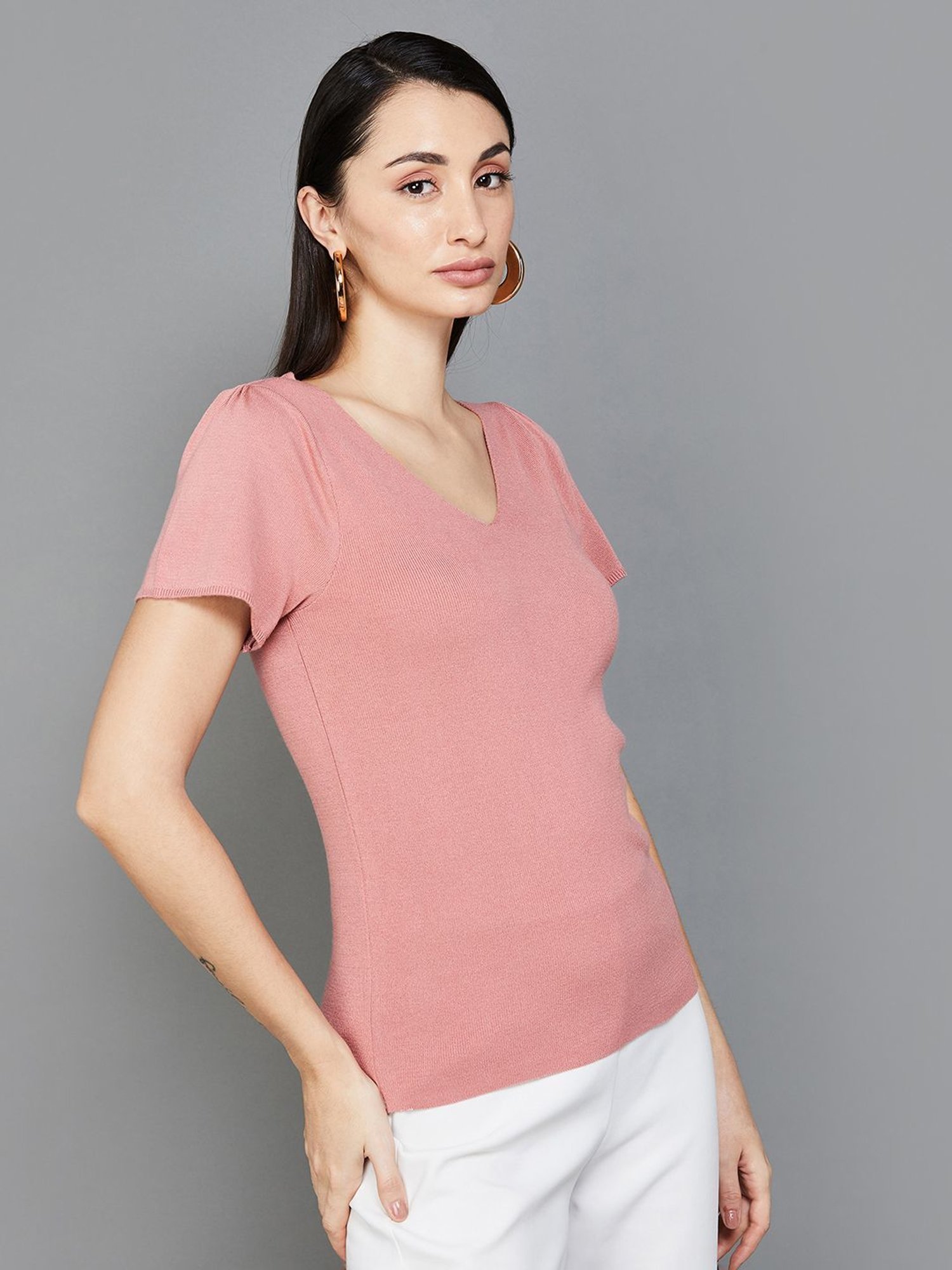 Code by Lifestyle Pink V Neck Knitted Top