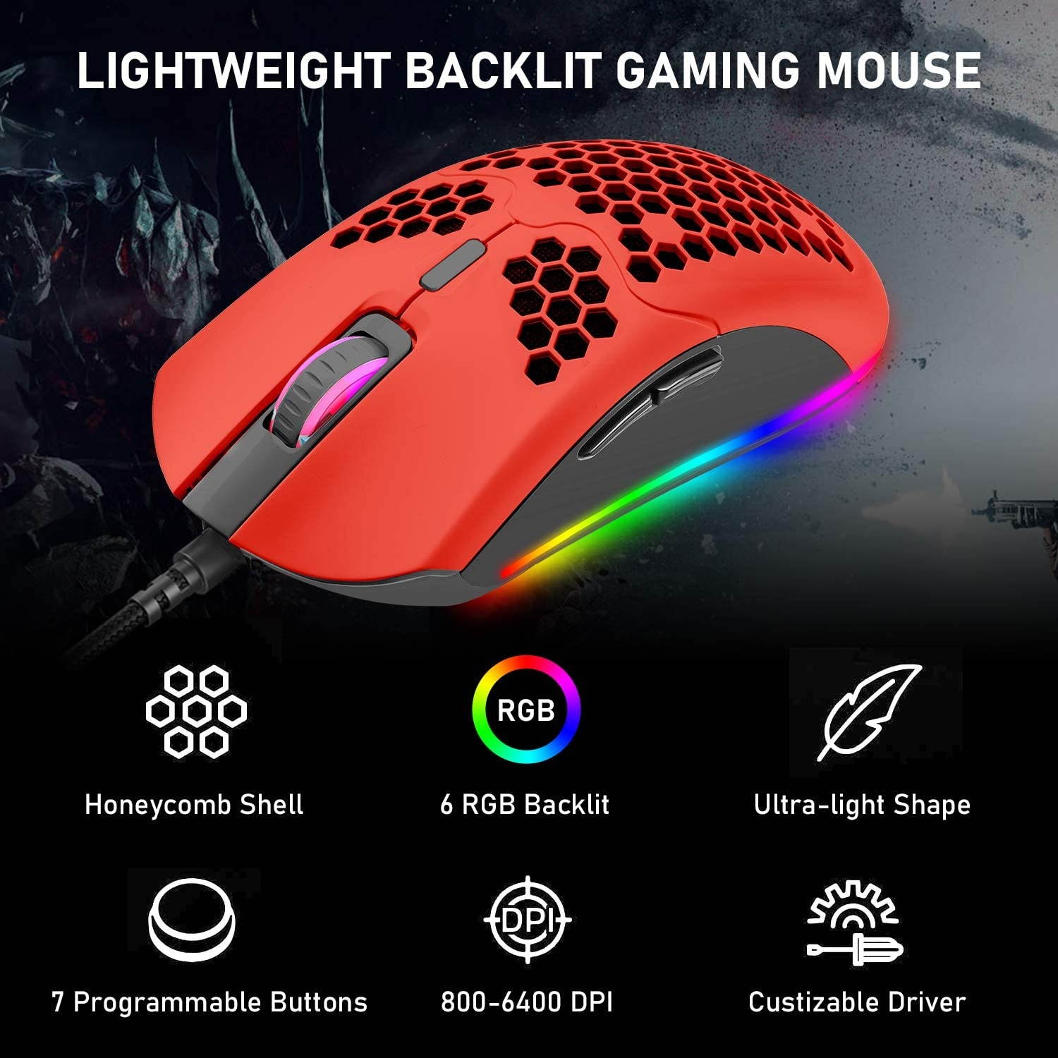Wired Lightweight Gaming Mouse  6400DPI Backlit Mice with 7 Buttons Programmable DriverUltralight Honeycomb Shell Ultraweave Cable Mouse for PC Gamers and Xbox and PS4 Users(Red)