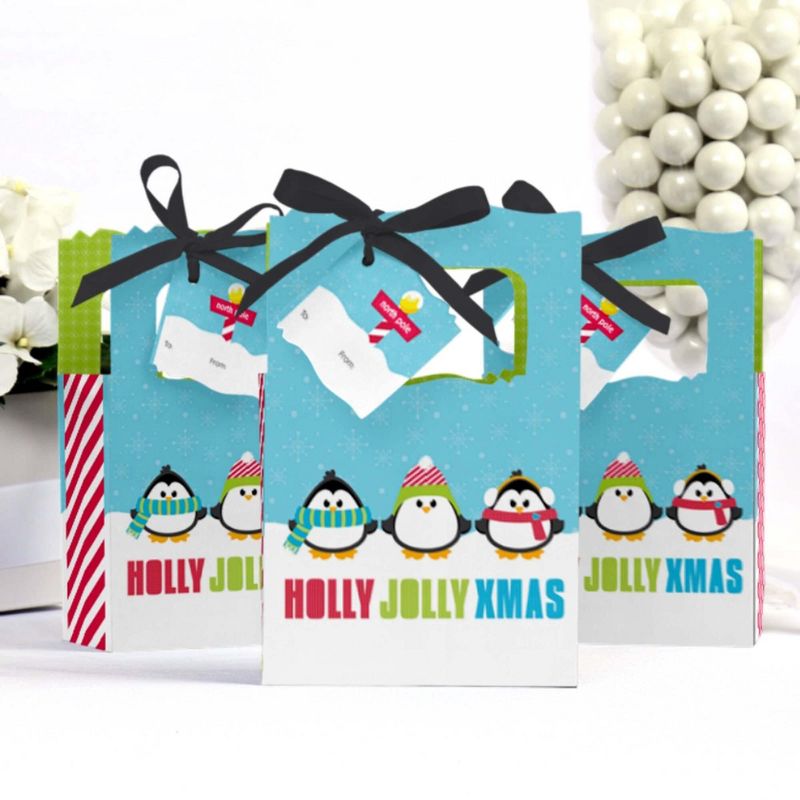 Big Dot of Happiness Holly Jolly Penguin - Christmas & Holiday Party Favor Boxes Gift Bags - Set of 12