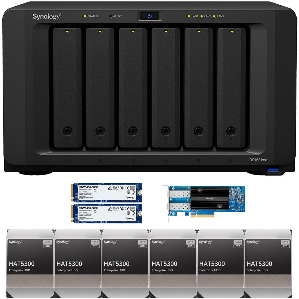 Synology DS1621xs+ DiskStation with 32GB RAM, 1.6B (2x800GB) Cache, an E25G21-F2 25GbE Card and 96TB (6 x 16TB) of Synology Enterprise HAT5300 Drives Fully Assembled and Tested By CustomTechSales