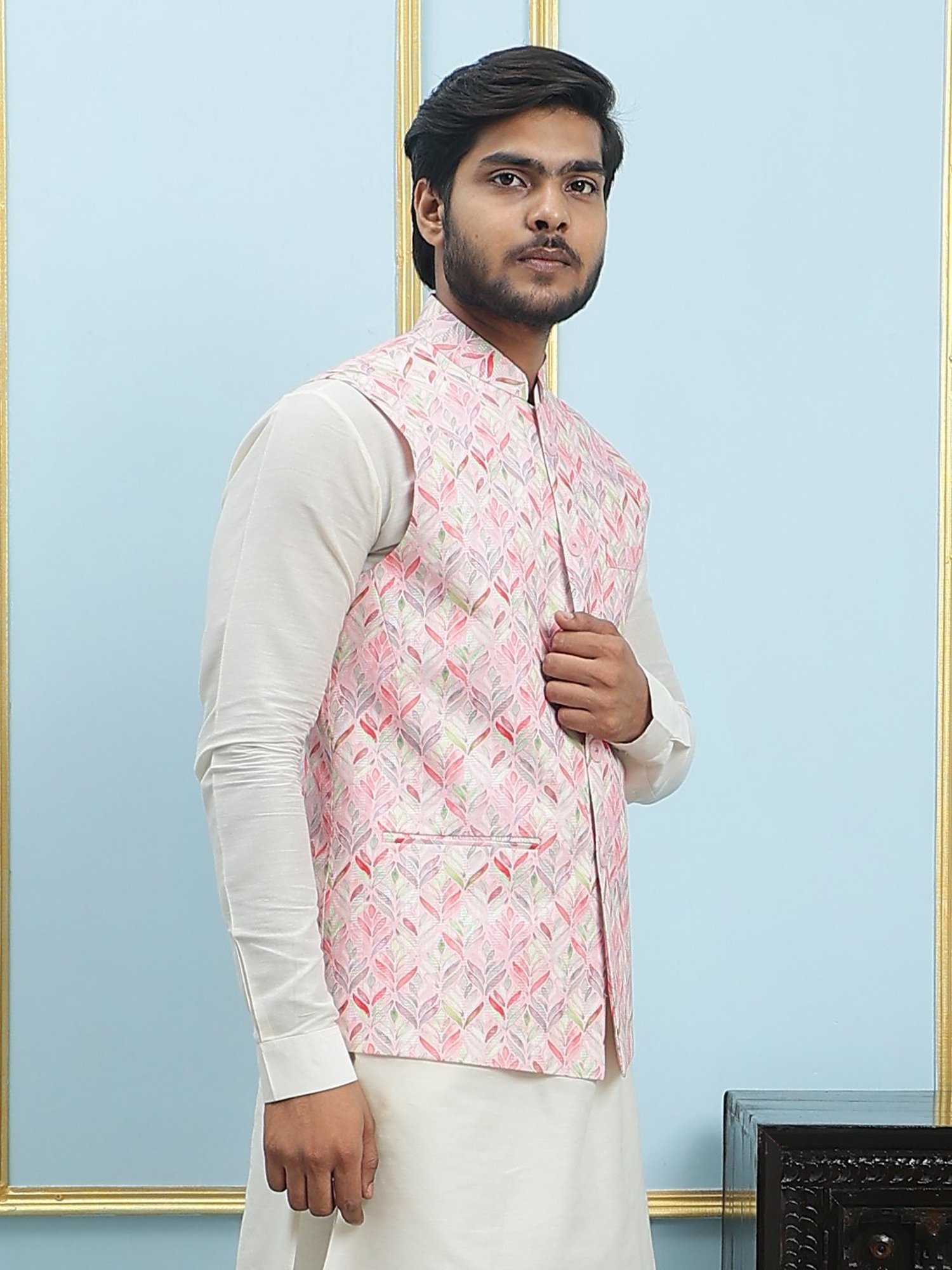 See Designs Pink Slim Fit Printed Nehru Jacket