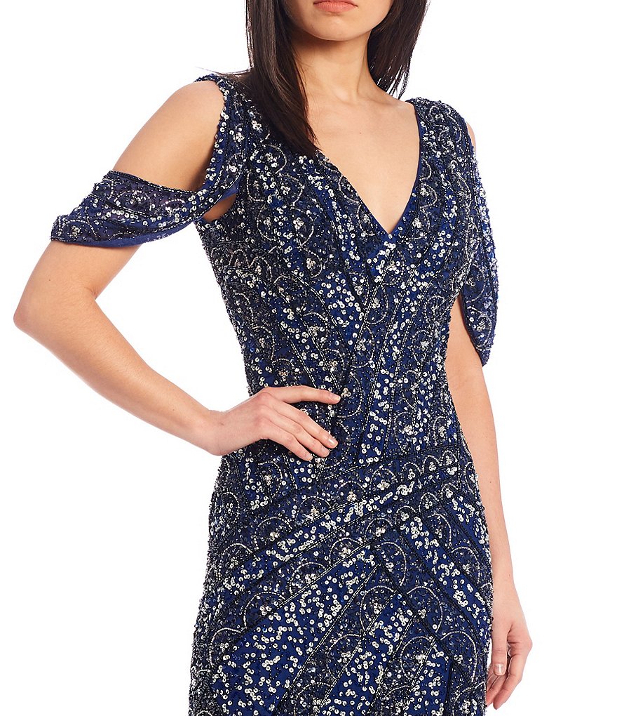 Aidan Mattox V-Neck Beaded Cold Shoulder Gown