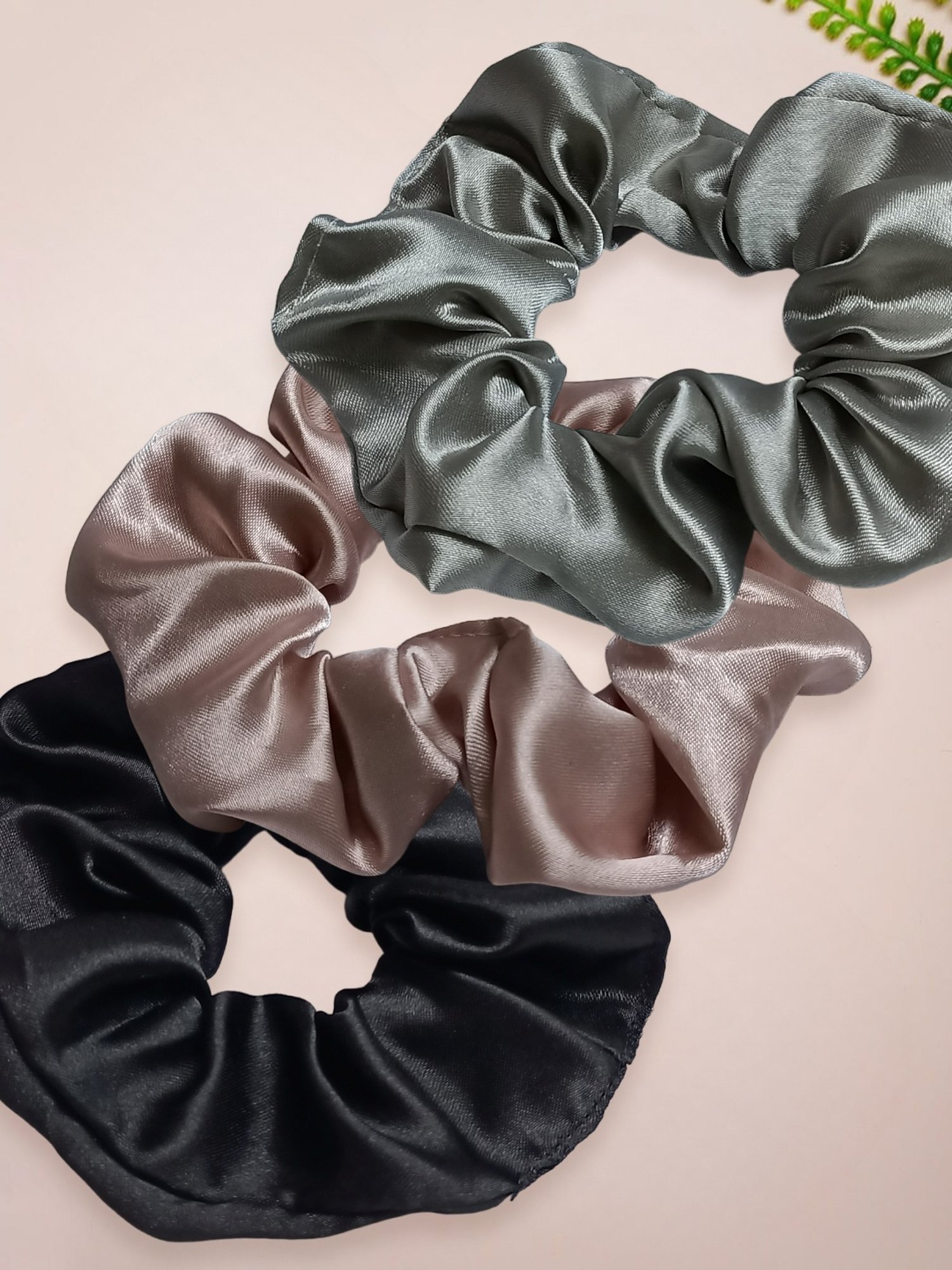 OOMPH Black, Grey & Nude Beige Satin Silk Scrunchy Rubber Band Hair Tie Ponytail Holder - Combo of 3