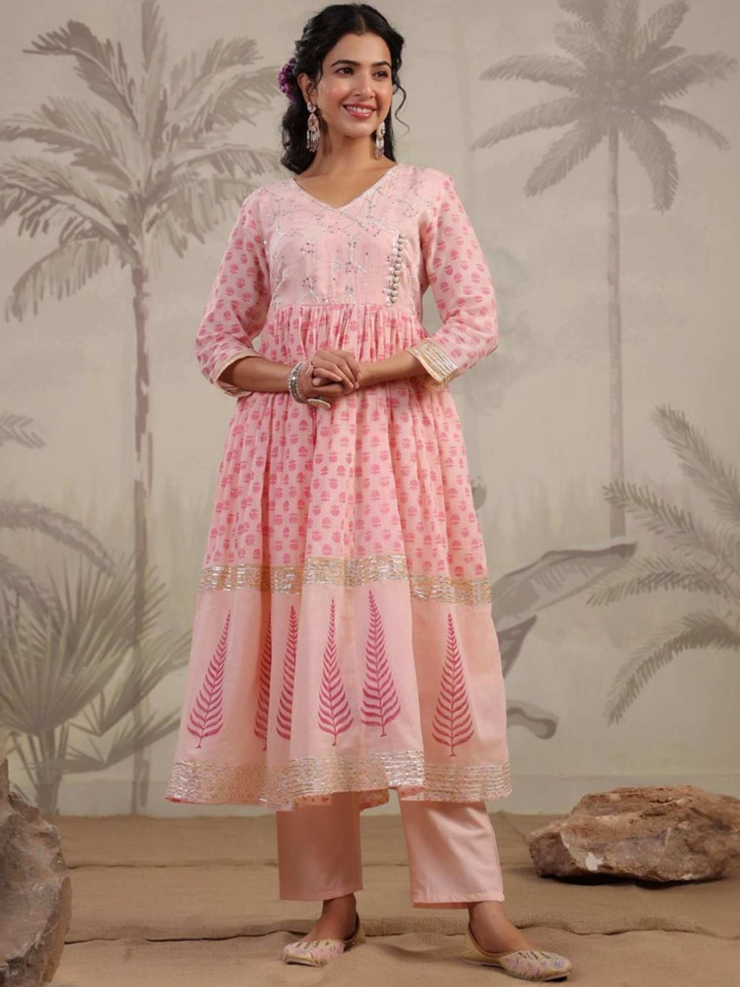 SCAKHI Peach Hand-Block Printed Handworked Anarkali Kurta and Pant With Dupatta