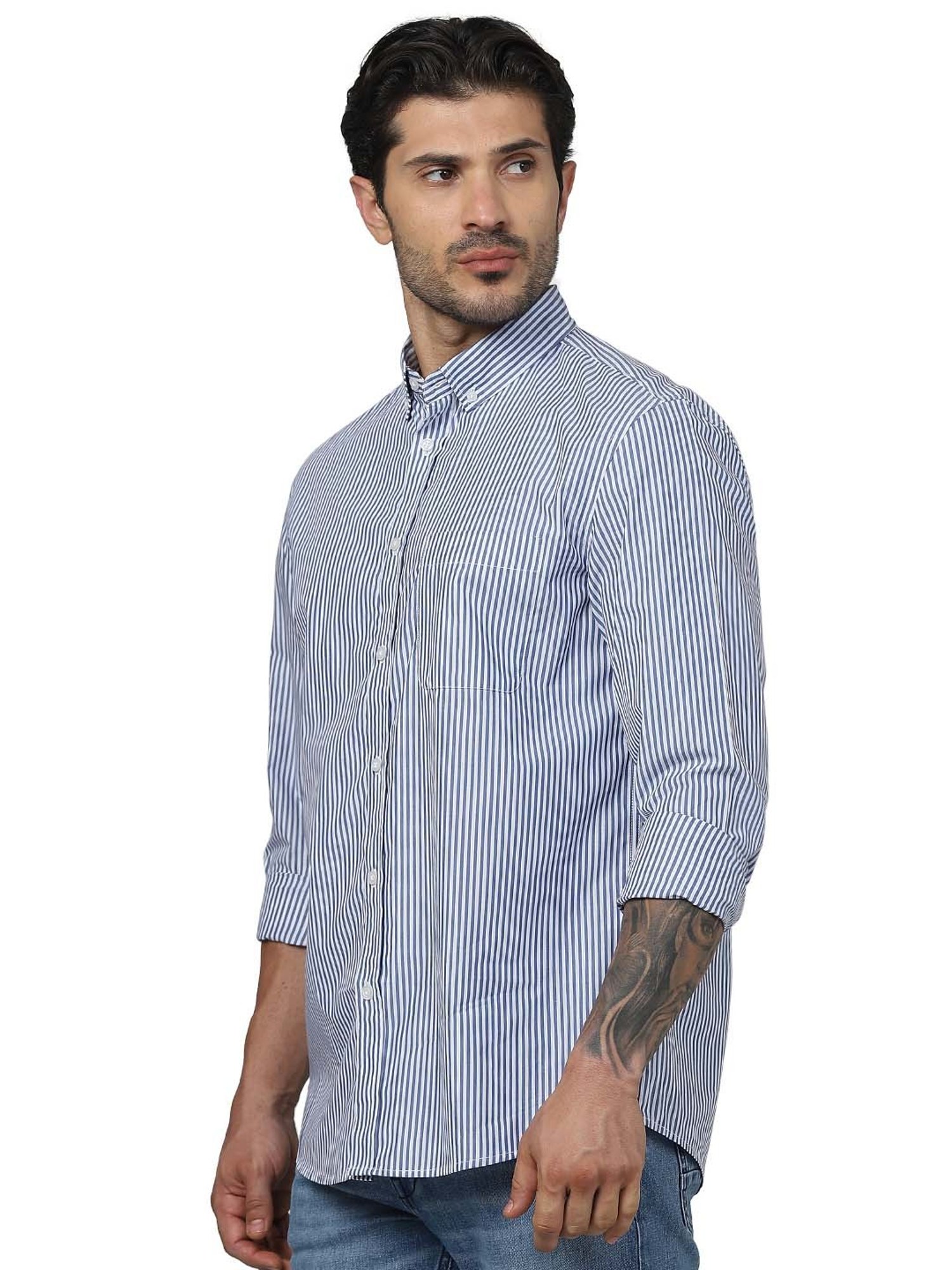 celio* Blue Regular Fit Striped Cotton Shirt