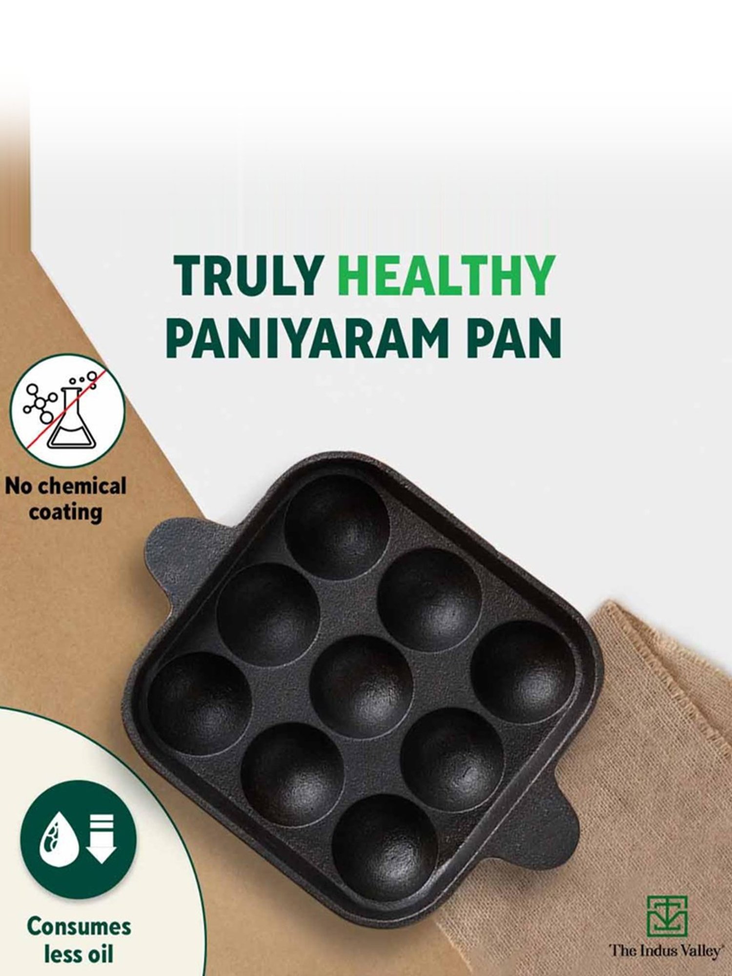 The Indus Valley Black Pre-Seasoned Cast Iron  9 pit Paniyaram Pan