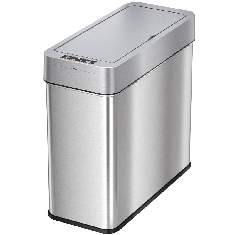iTouchless Bathroom Sensor Trash Can with AbsorbX Odor Filter Left Side Lid Open Rectangular 4 Gallon Silver Stainless Steel