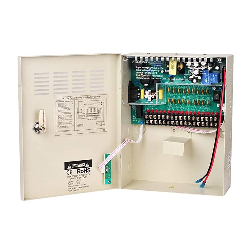 18 Channel 18 Way 12V 10Amp DC Metal Boxed Cabinet Regulated Power Supply Unit with Backup Battery Link for Burglar Alarms CCTV Cameras PTZ Access Control