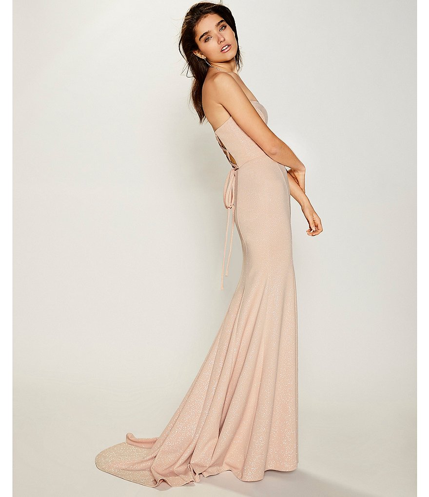 Jump Strapless Lace-Up Back Side Slit Glitter Scuba Slim Long Dress