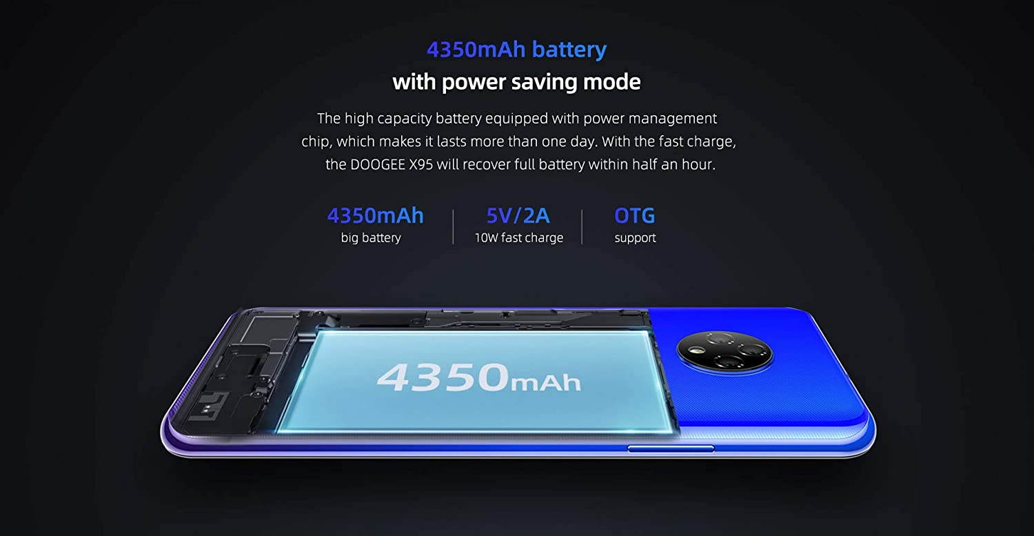 Moviles Libres,DOOGEE X95 Smartphone Libre 2020, 6.52 Pulgadas 19.5:9 HD+ Pantalla 4G Telefonos, 4350mAh, 13MP+2MP+2MP+5MP, Android 10.0 Smartphone, 16GB ROM,128GB SD, Dual SIM Face ID