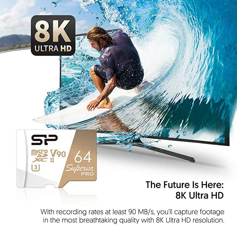 Power 64GB RW up to 290 160MBs Superior Pro Micro SDXC UHSII U3 V90 8K High Speed MicroSD Card with Adapter Compatible with GoPro 7 GoPro 8