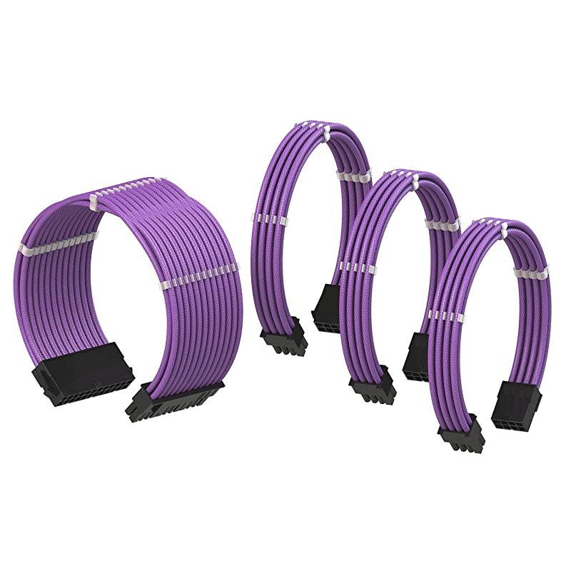 PSU Cable Extension Sleeved Custom Mod GPU PC Power Supply Braided wComb Kit | 1x 24 P 20+4 | 1x 8 P 4+4 CPU | 2X 8 P 6+2 GPU Set | 50CM 500MM Purple