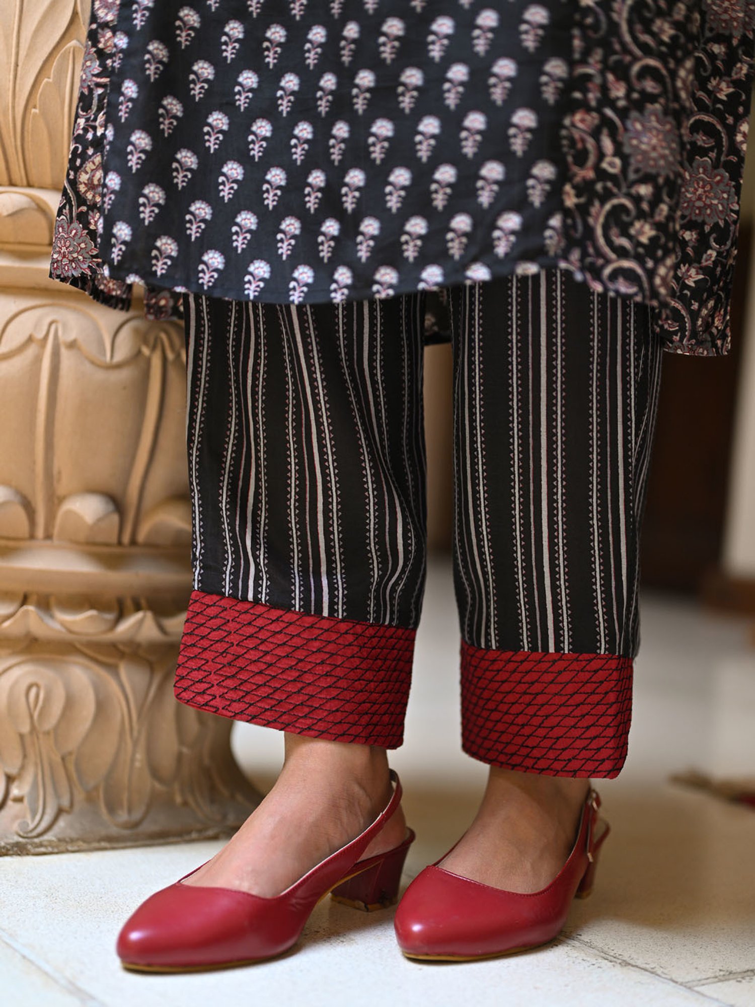 Mahee Jaipur Black and Red Panel Block Print Pure Muslin Kurta Set