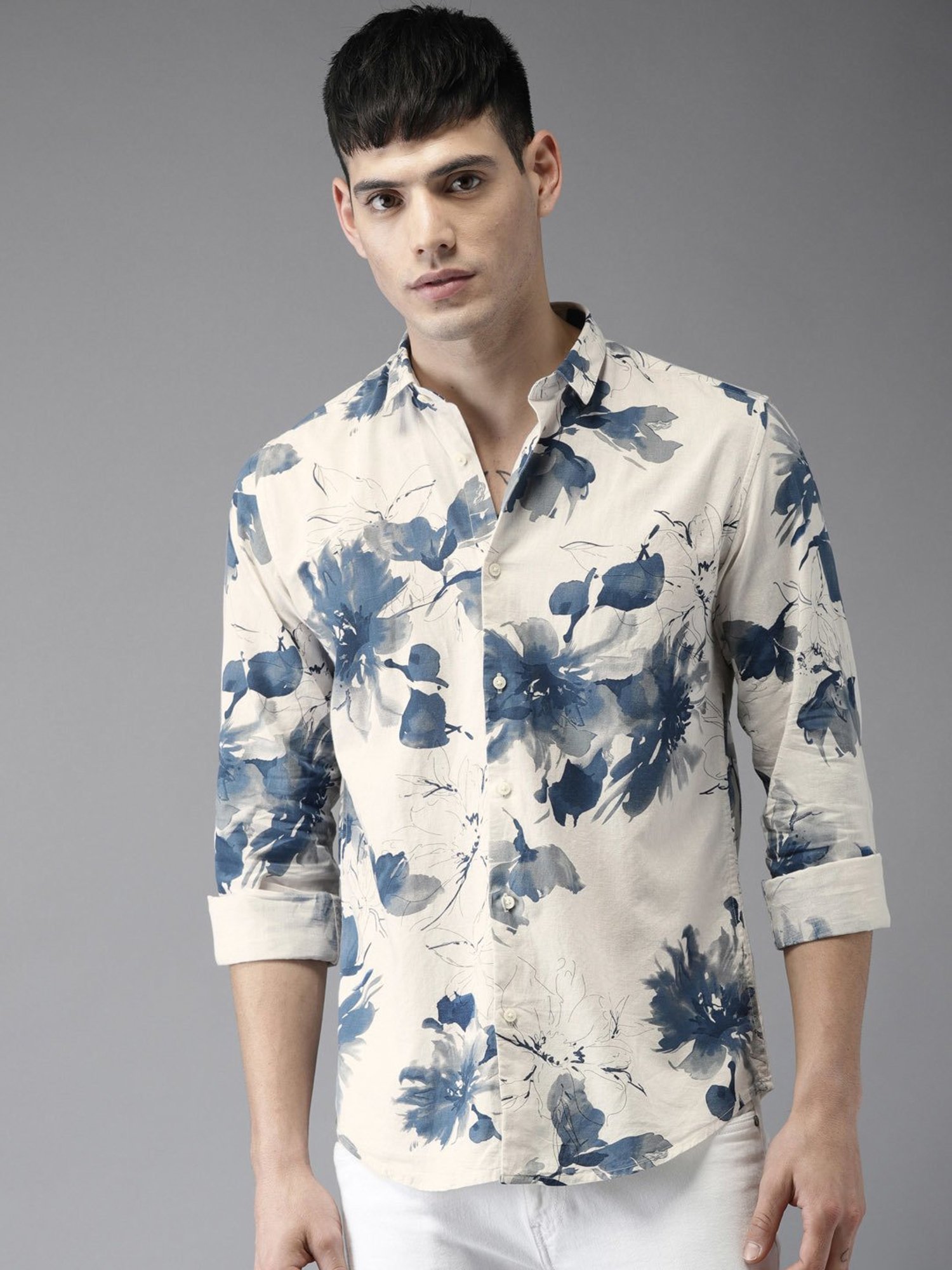Bene Kleed Cream Slim Fit Floral Print Shirt