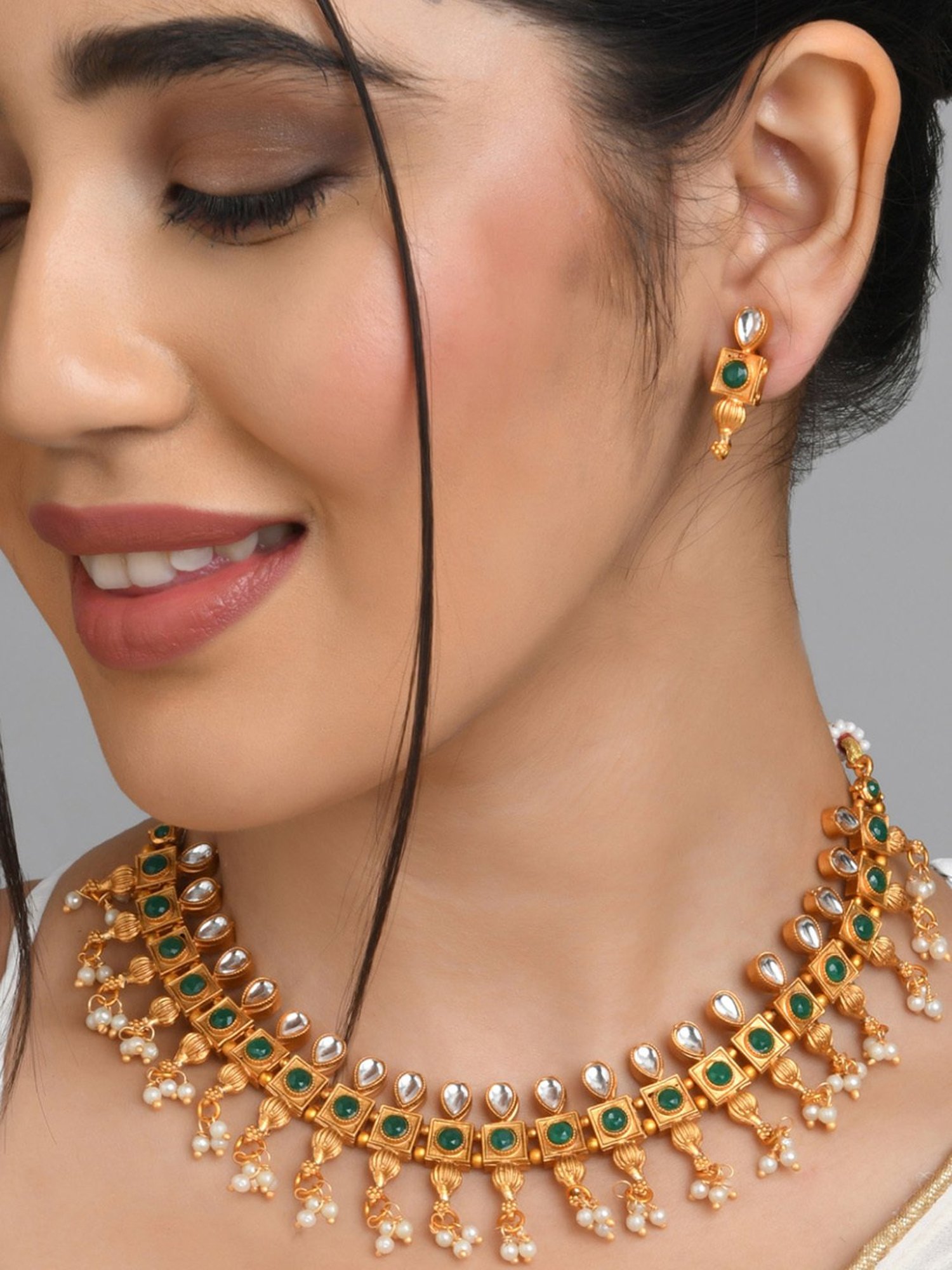 Fida Ethnic South Indian Antique Green Jewellery Set