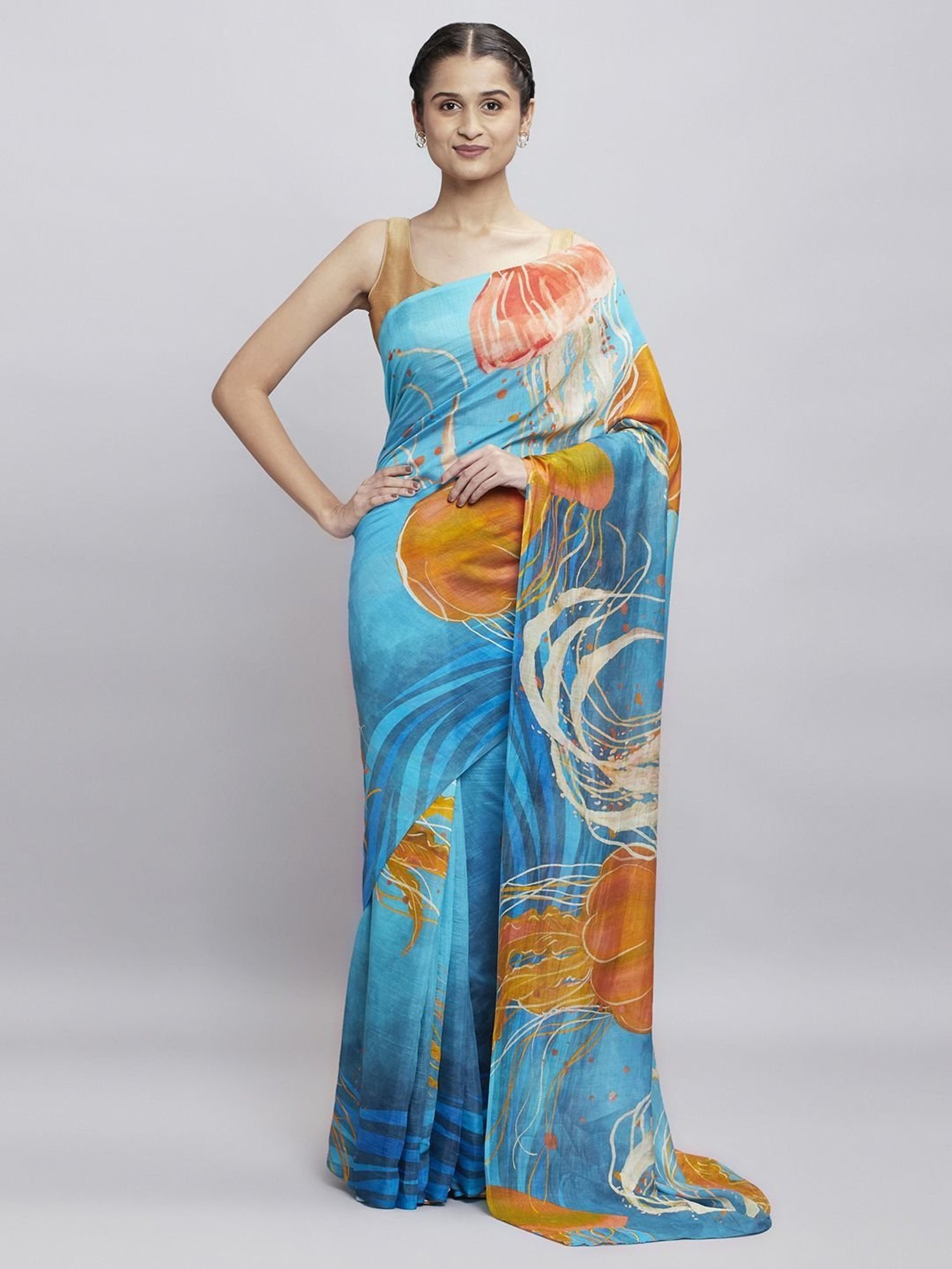 Navyasa Powder Blue liva Organza Abstract Printed Saree With Coordinated Unstitched Blouse Piece