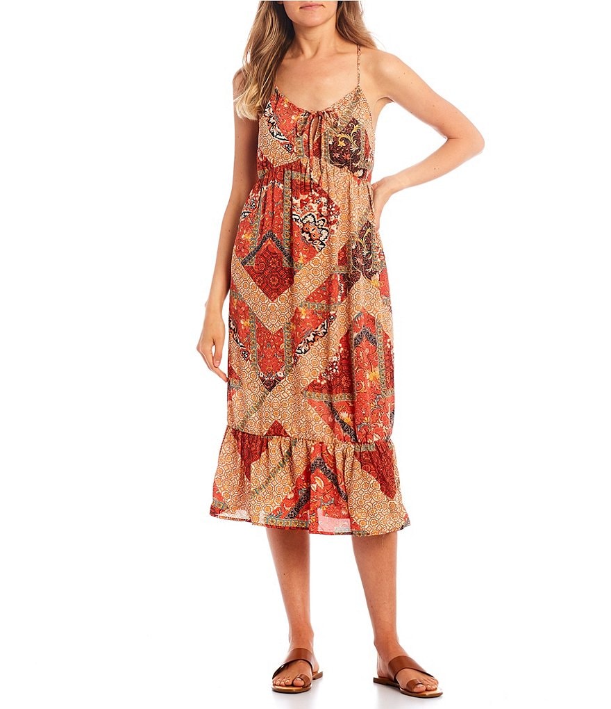 Evolutionary Spaghetti Strap Scoop-Neck Patchwork Print Maxi Dress