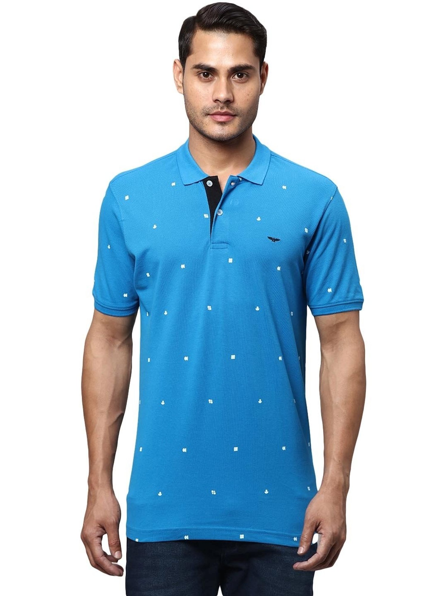 Park Avenue Blue Cotton Slim Fit Printed Polo T-Shirt