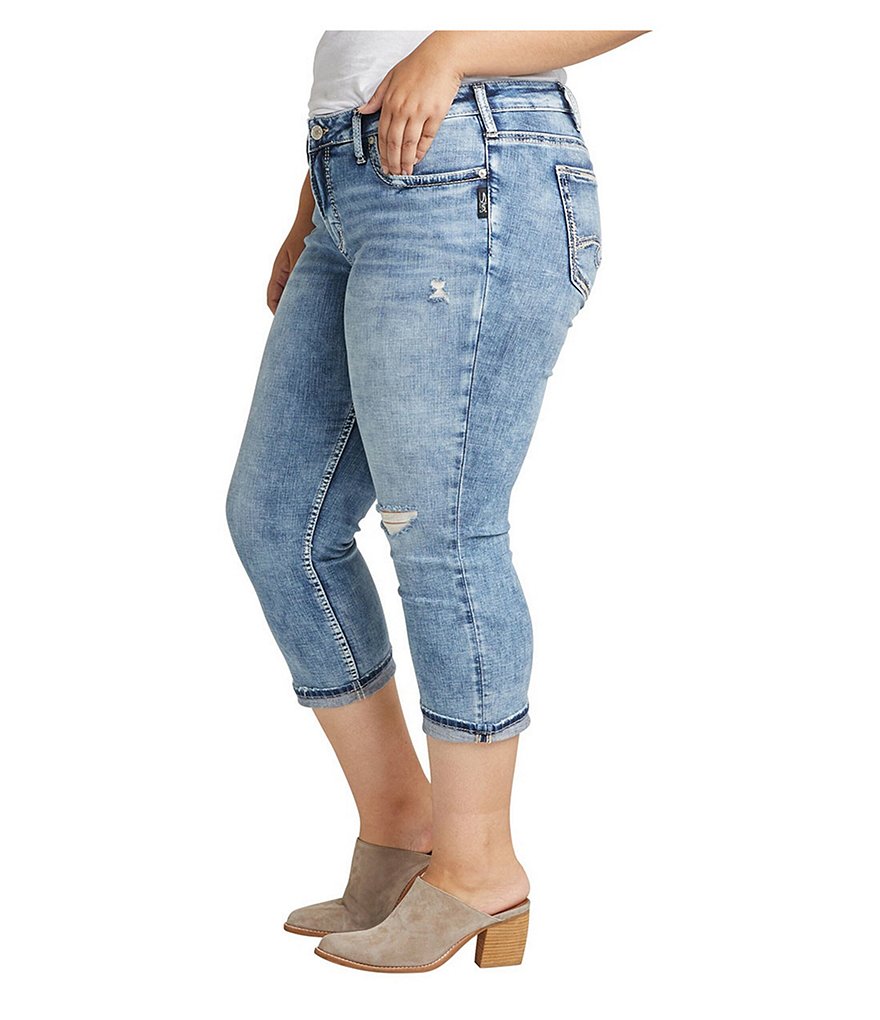 Silver Jeans Co. Plus Size Elyse Rolled Cuff Destruction Details Capri Jeans