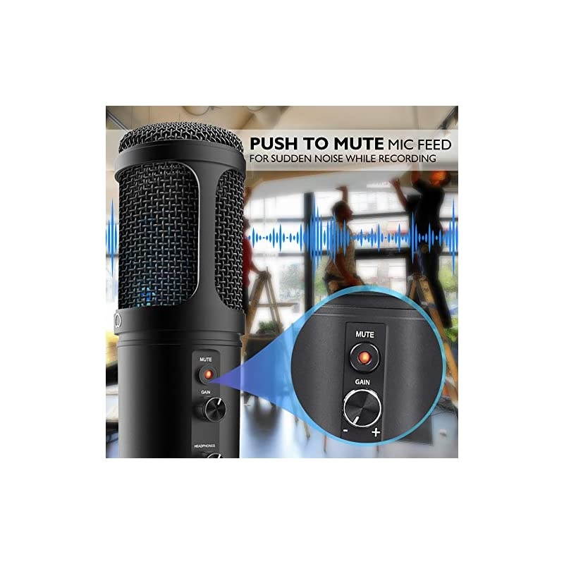USB PC Recording Condenser Microphone - Blue LED, Adjustable Gain, Headphone Jack, Mute Control, Tripod Stand - Portable Pro Audio Condenser Desk Mic for Podcast Streaming Gaming -  PDMIUSB50