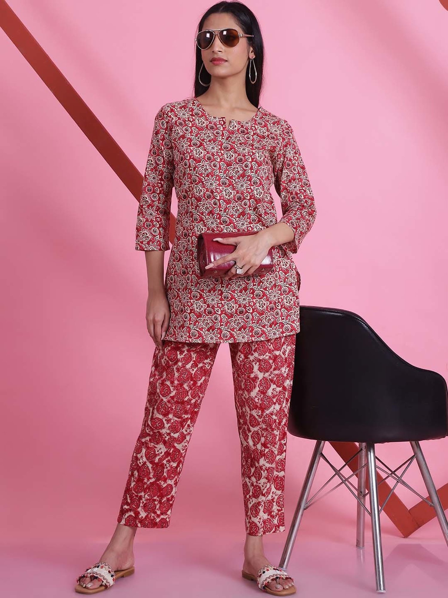 Prakrti Maroon Cotton Floral Print Top Pant Set