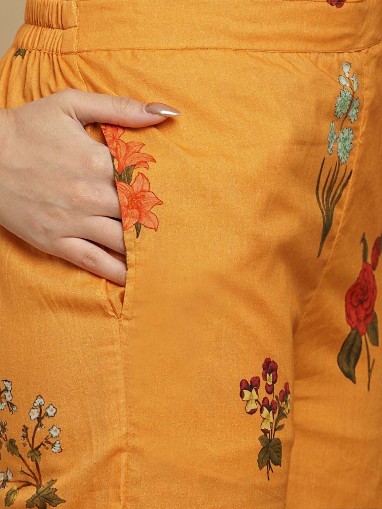 Fashor Orange Cotton Floral Print Kurta & Pant Set