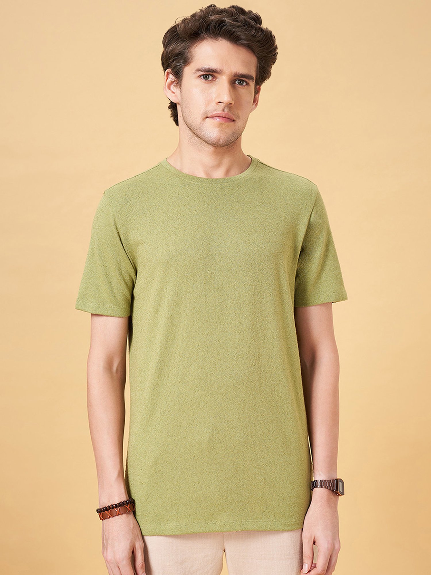 7 Alt by Pantaloons Sage Green Slim Fit Crew T-Shirt