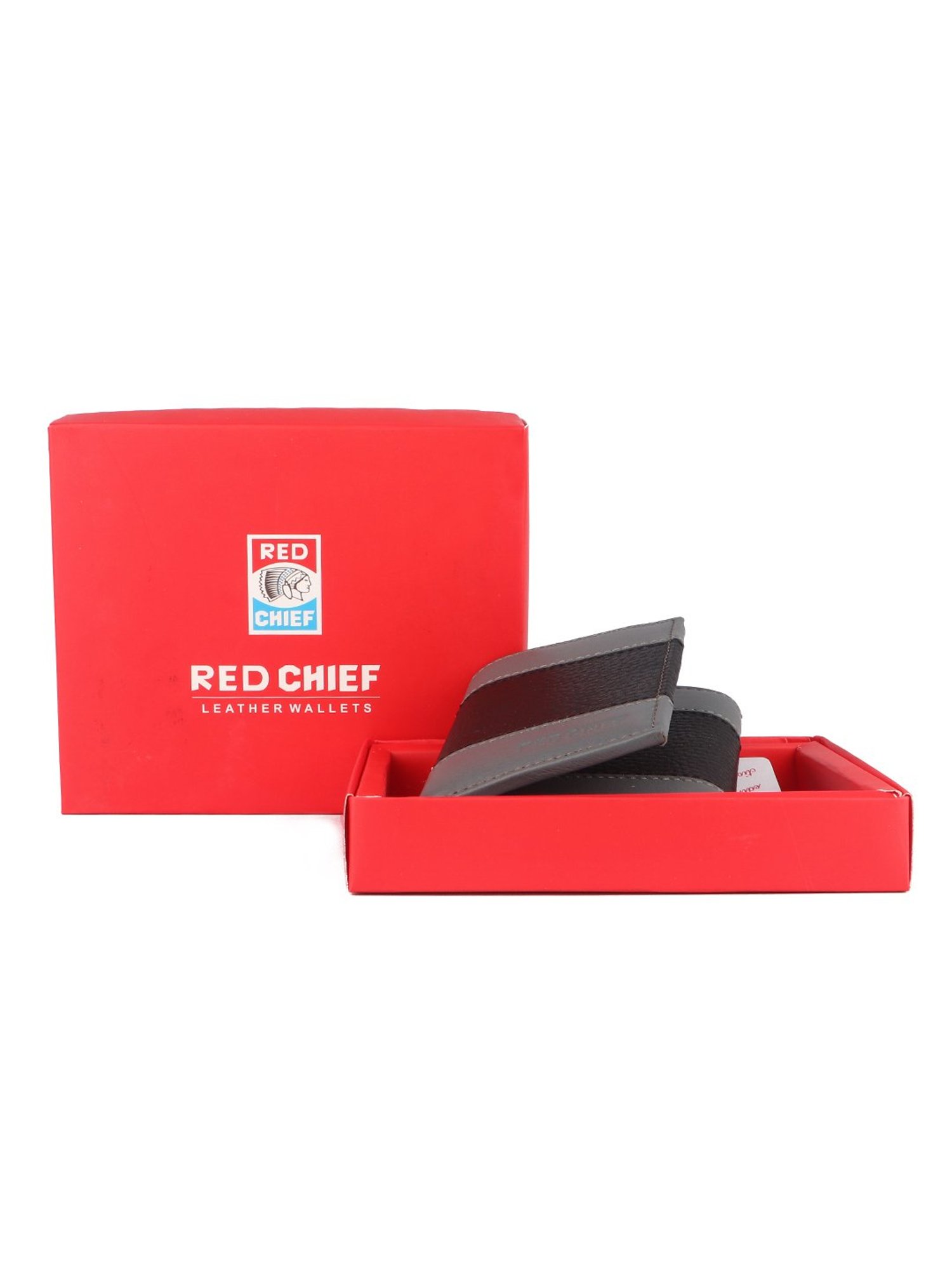 Red Chief Black & Grey Leather Tri-Fold Wallet for Men