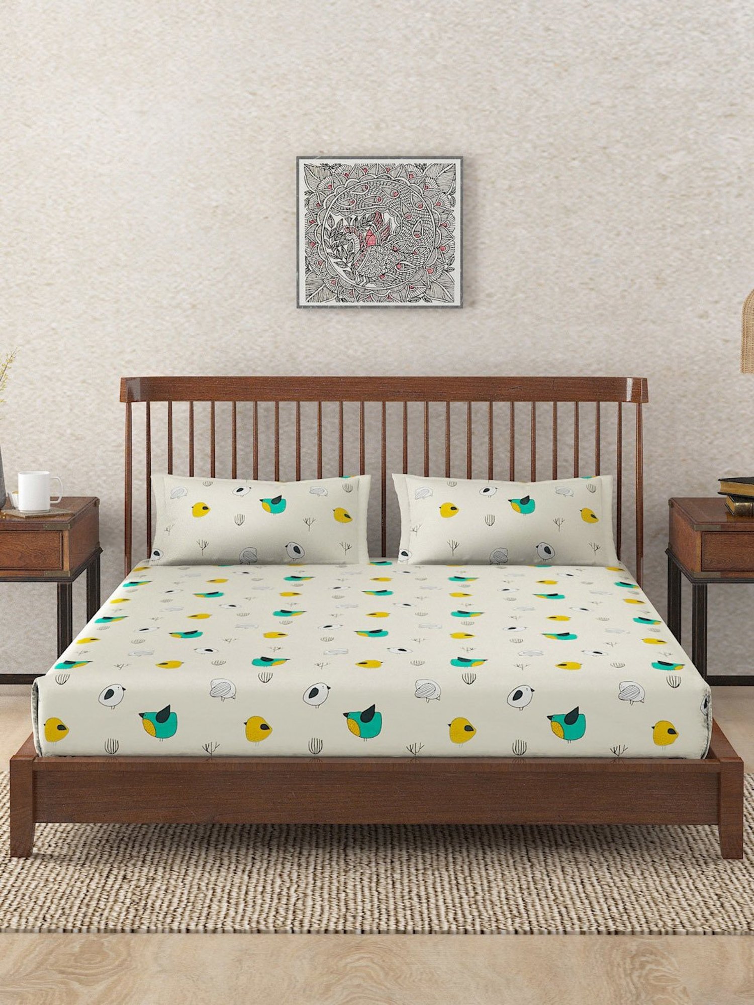 Fabindia Home Printed Pink 180 TC Cotton Single Size Bed Sheet with 2 Pillow Covers