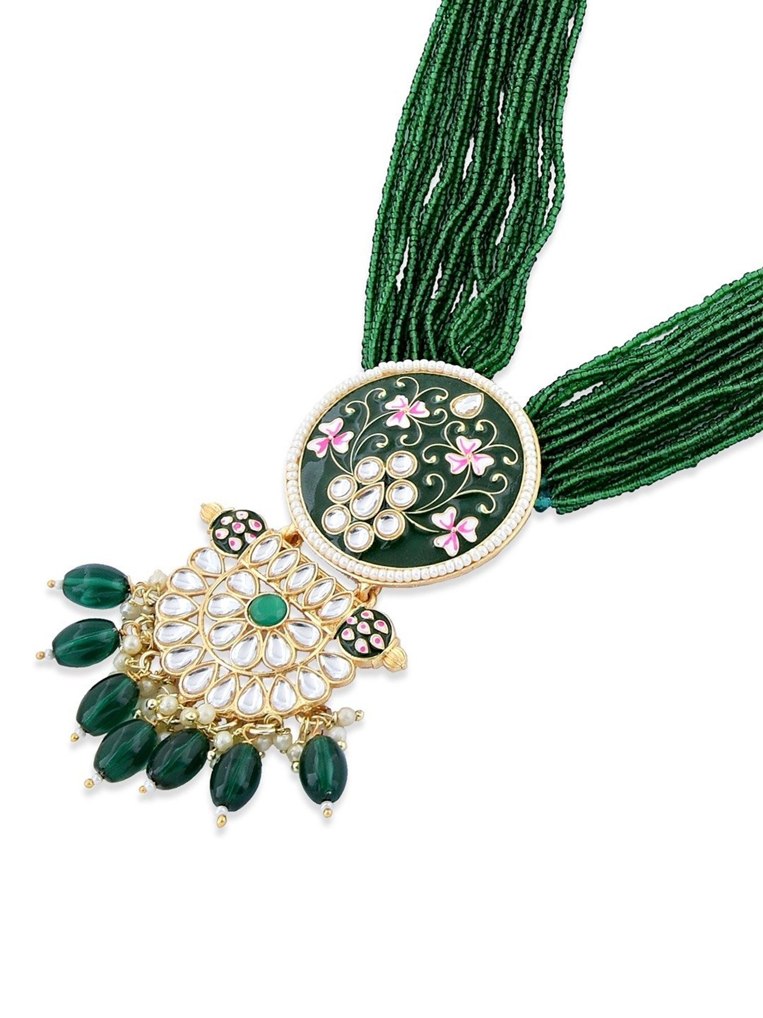 Zaveri Pearls Green Pink Meenakari Multistrand Beaded Kundan Necklace Earring Ring Set-ZPFK15624