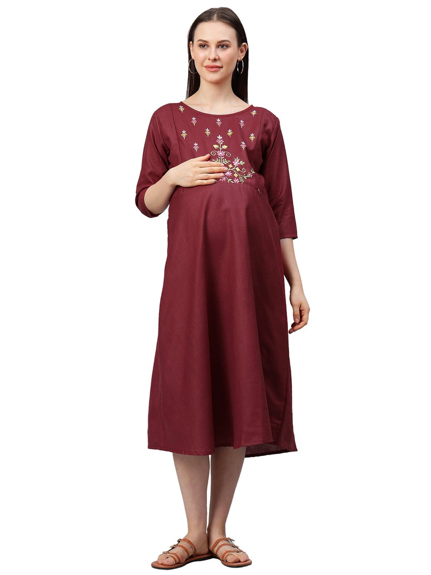 MomToBe Maroon Embroidered Maternity Kurta