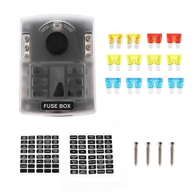 Car Boat  Fuse Box Holder with 6 Way Blade Fuse & Warning Indicator fit for 12V~24V