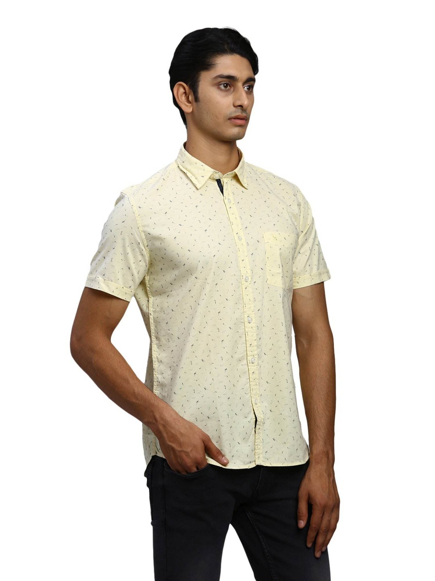 Parx Yellow Cotton Slim Fit Printed Shirt
