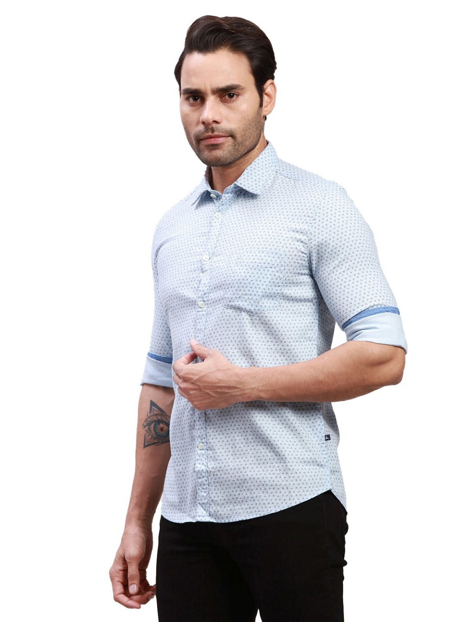 Parx Blue Cotton Slim Fit Printed Shirt