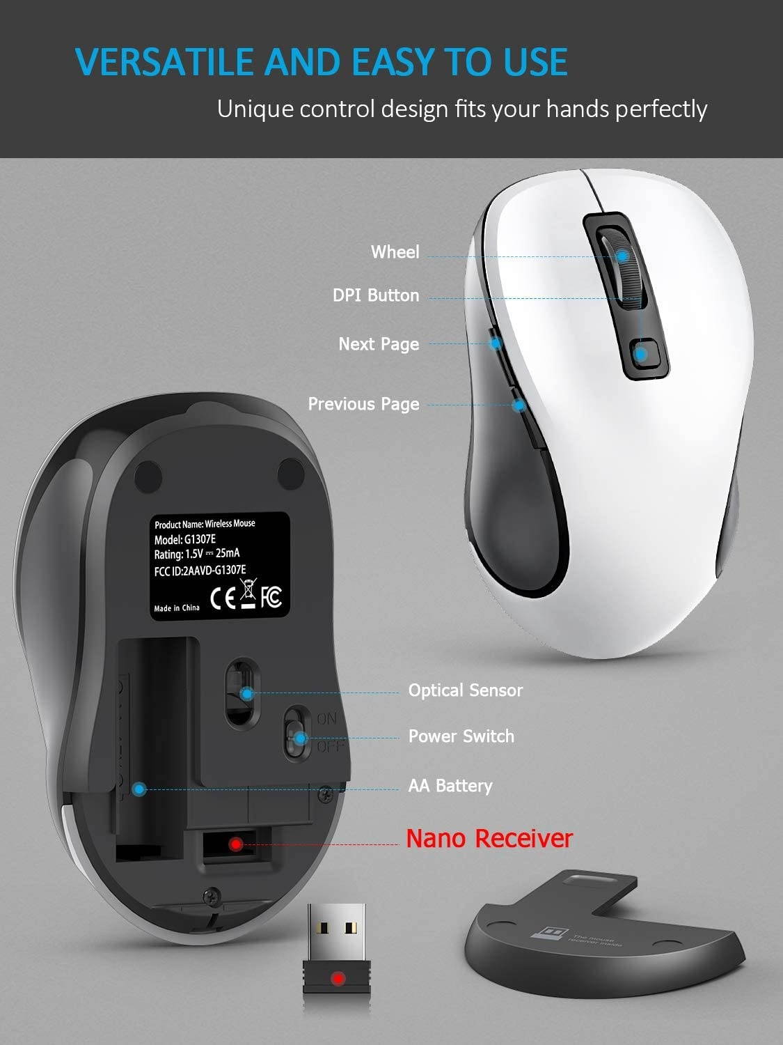 Wireless Mouse RATEL 2.4G Wireless Ergonomic Mouse Computer Mouse Laptop Mouse USB Mouse 6 Buttons with Nano Receiver 3 Adjustable DPI Levels Cordless Wireless Mice for Windows Mac (Black & White)