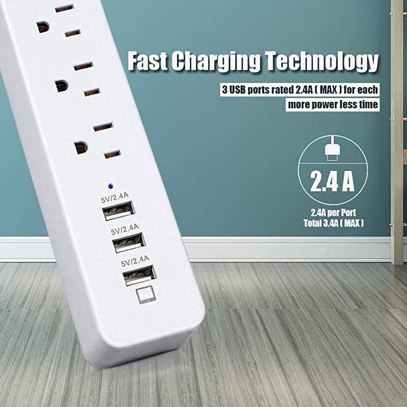 Power Strip USB 3 USB Ports5V24Ax3 with 3 AC OutletsPower Outlet with USB Charger5ft Heavy Duty Extension Cord for PC Tablets Phones Desktop Home Office SchoolCruiseWhite by