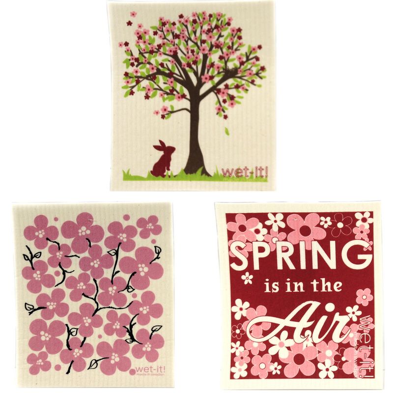 Swedish Dish Cloth 7.75" Spring Flowers Set Absorbent Cleaning Cloth Rabbit Tree  -  Dish Cloth