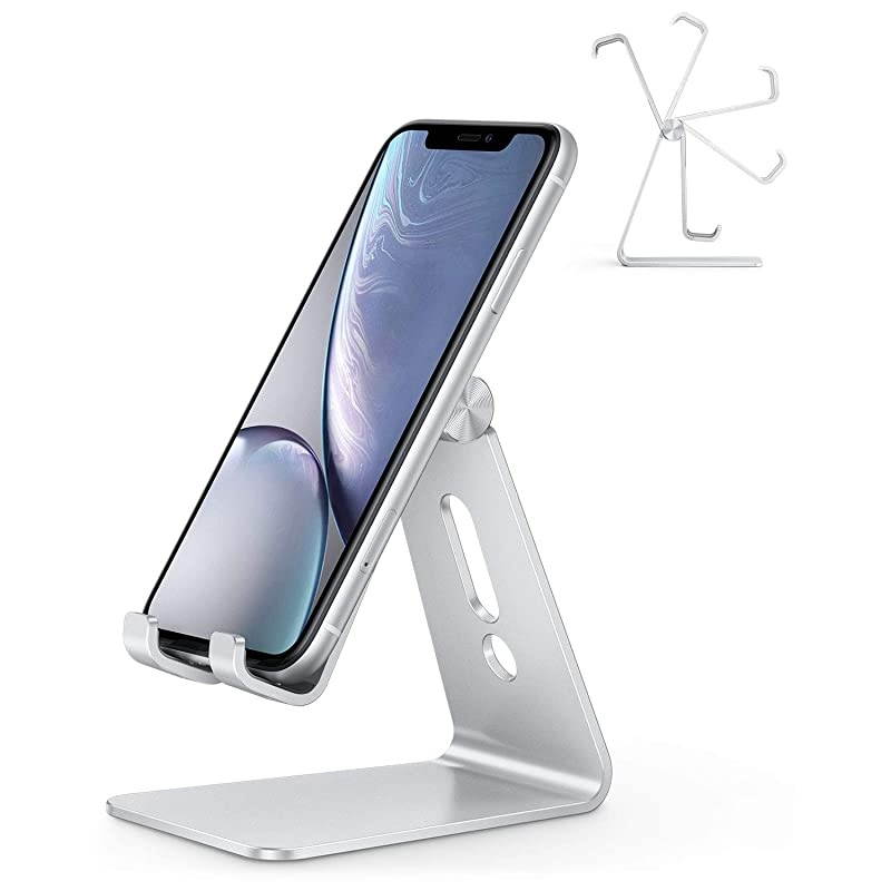 Adjustable Cell Phone Stand  Aluminum Desktop Cellphone Stand with AntiSlip Base and Convenient Charging Port Fits All Smart Phones Silver