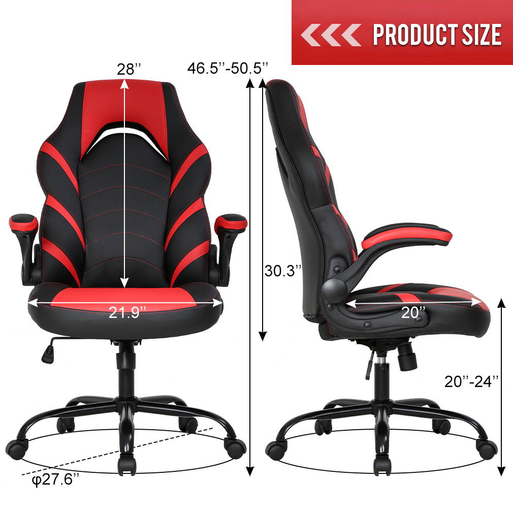 Gaming Chair Home Office Chair PC Computer Chair Rolling Swivel Desk Chair with Lumbar Support High-Back PU Leather Flip-up Arms E-sport Racing Chair for Men(Red)