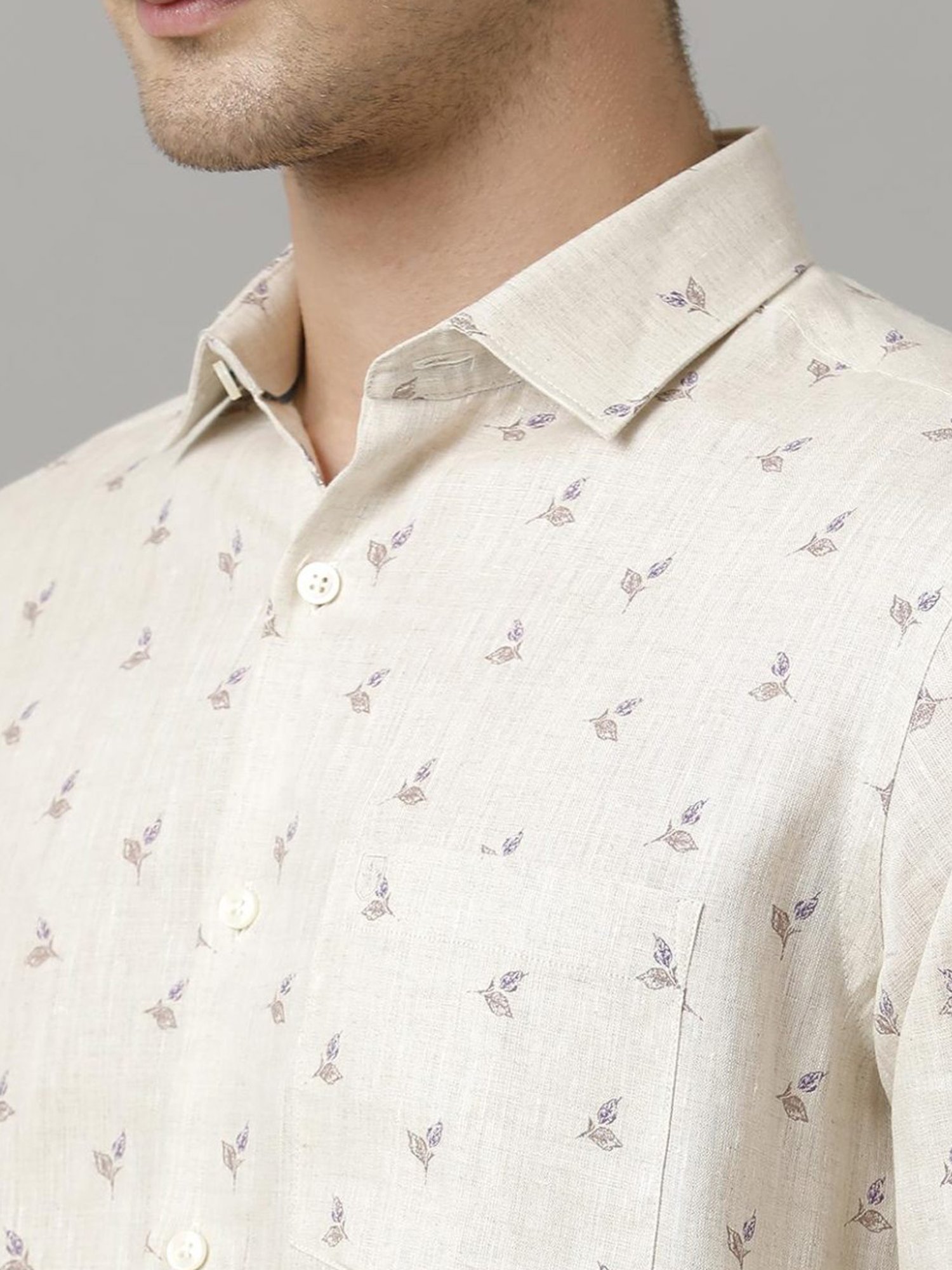 Linen Club Beige Linen Contemporary Fit Printed Shirt