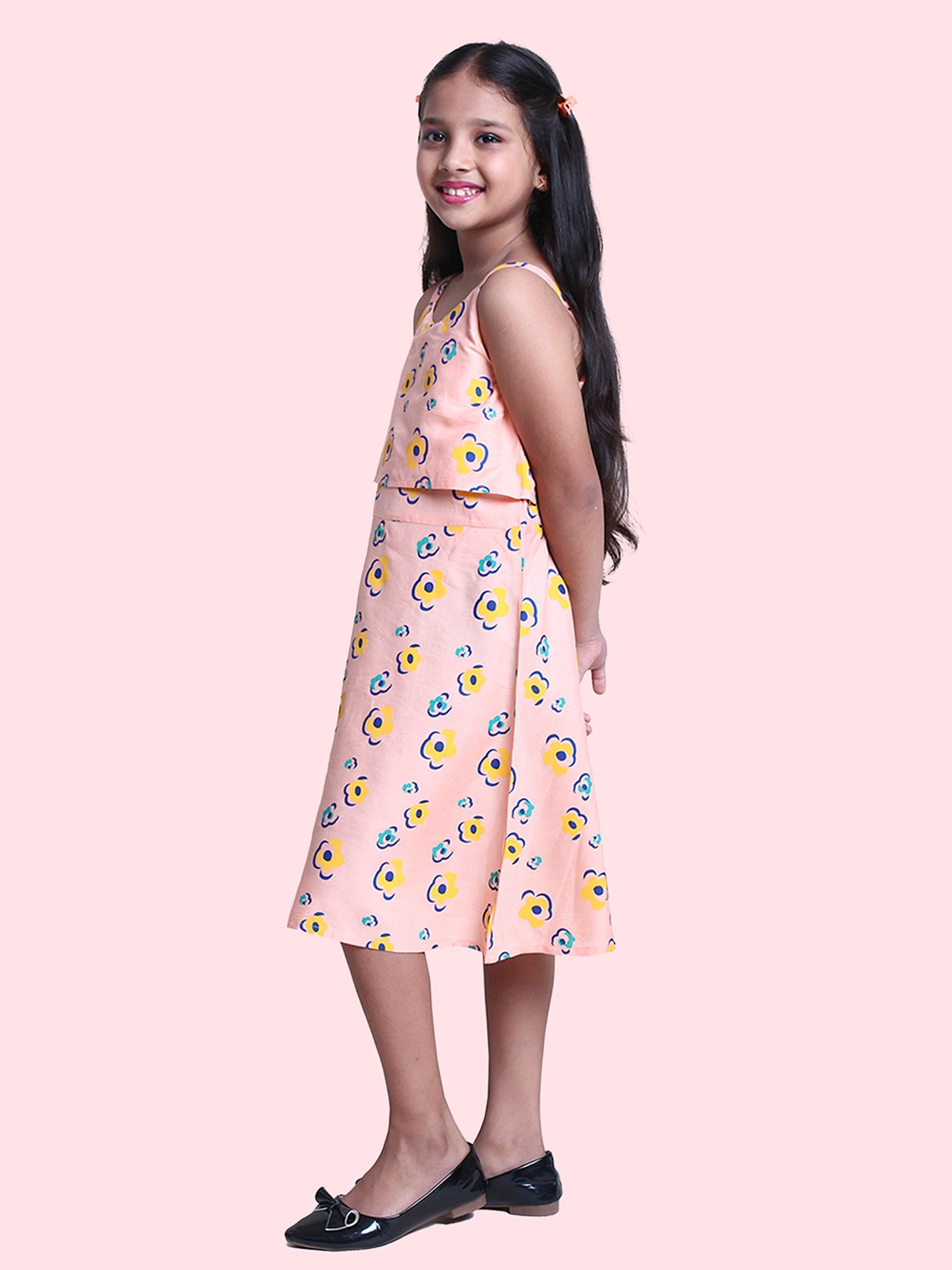Kiddopanti Girls Peach Floral Print Dress