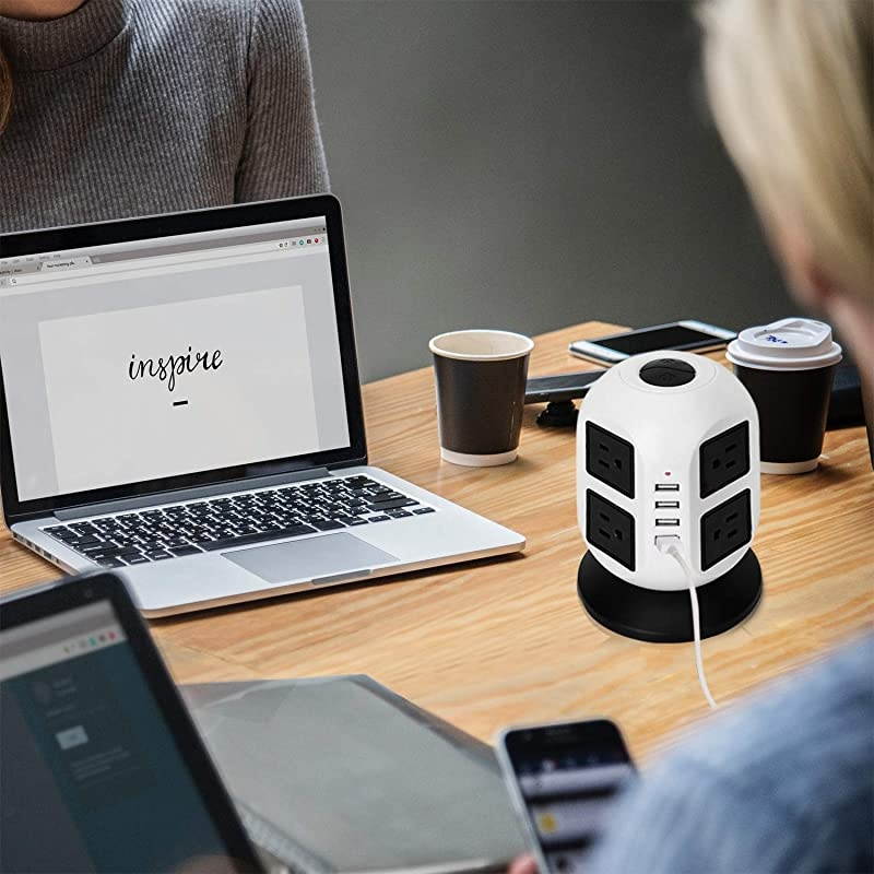 Power Strip Tower Surge Protector Electric Charging Station 2500W 10ASmart Extension Lead Socket 2M556ft Overload Protection 8 outlets and 4 USB Ports Universal SocketWhite