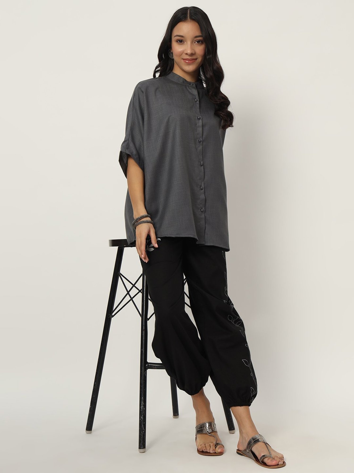 9rasa Black Cotton Printed Pants