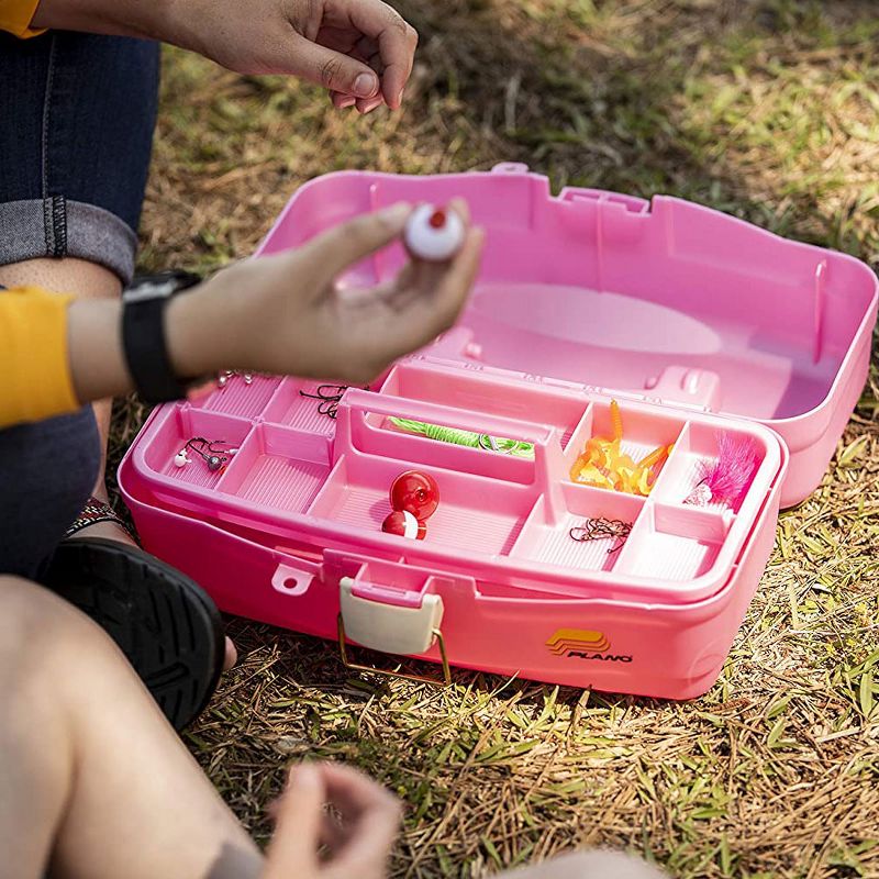 Plano 500089 13.5 Inch Youth Kids Plastic Fishing Portable Tackle Bait Storage Box with Removable Tray and Fixed Dividers, Pink