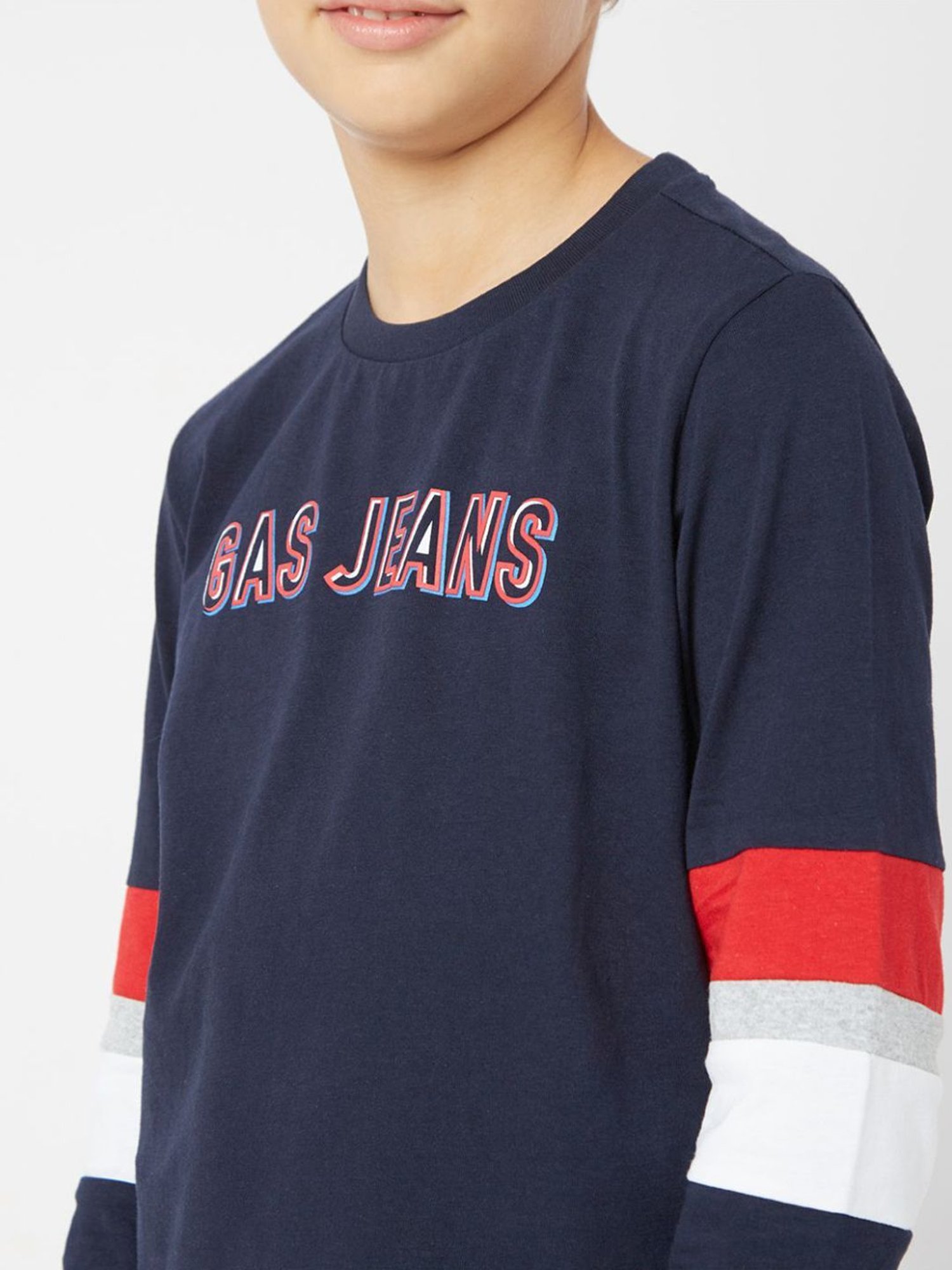 GAS Boys Navy Cotton Printed Full Sleeves T-Shirt