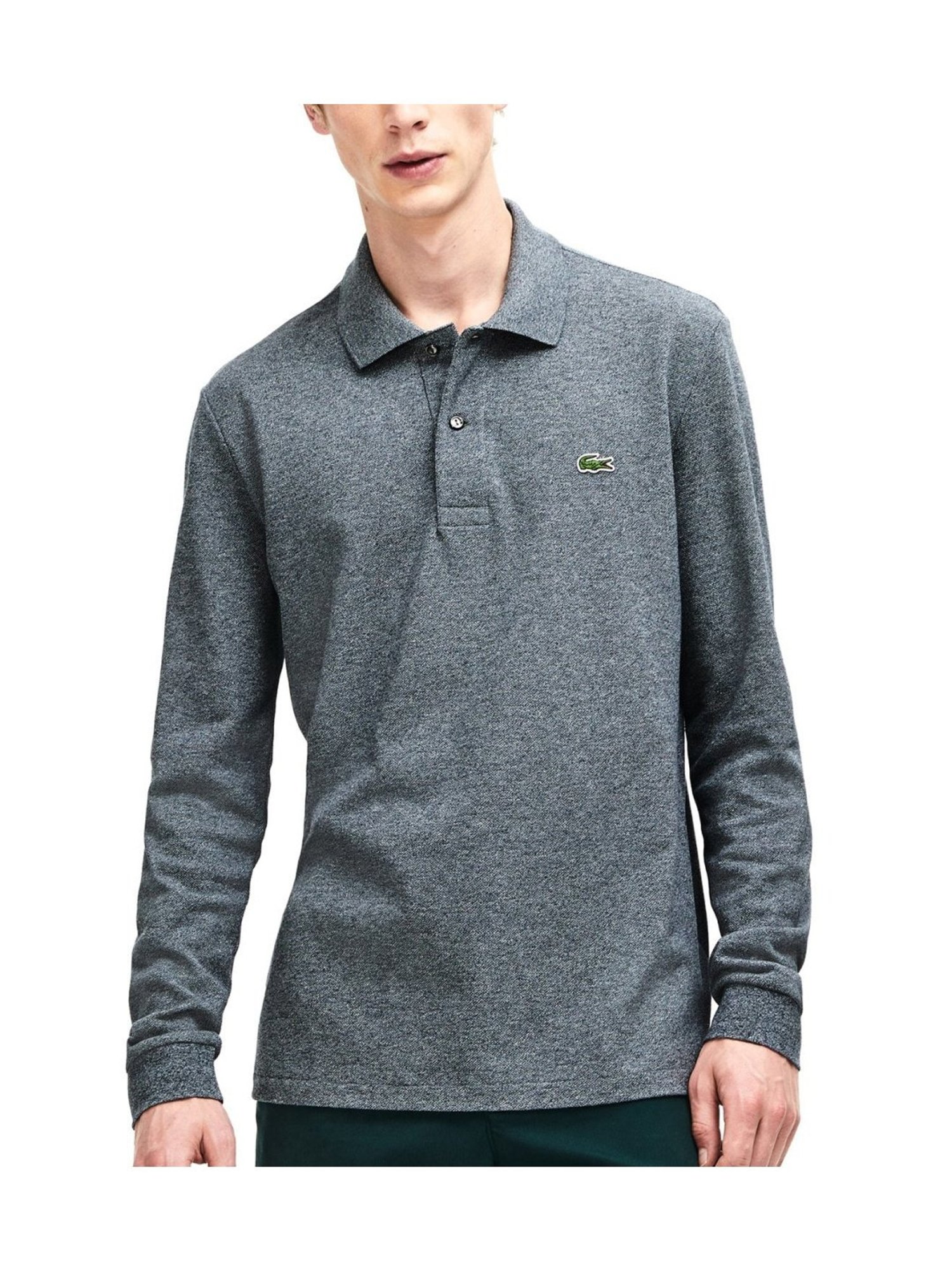 Lacoste Grey Long-Sleeve In Marl Petit Pique Boxy Fit Polo T-Shirt